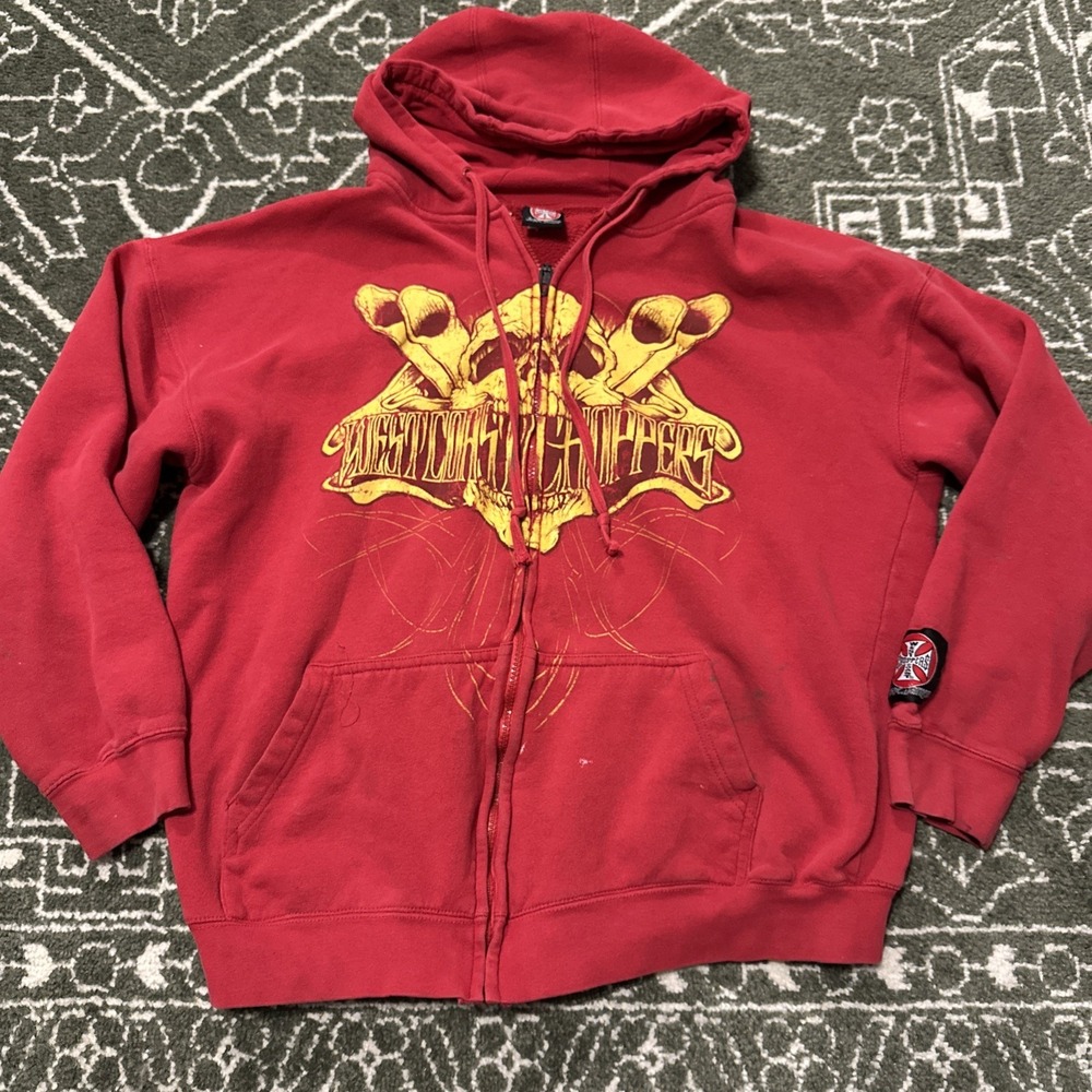 Vintage West Coast Choppers Hoodie Mens L Red Full Zip Skull Jesse James